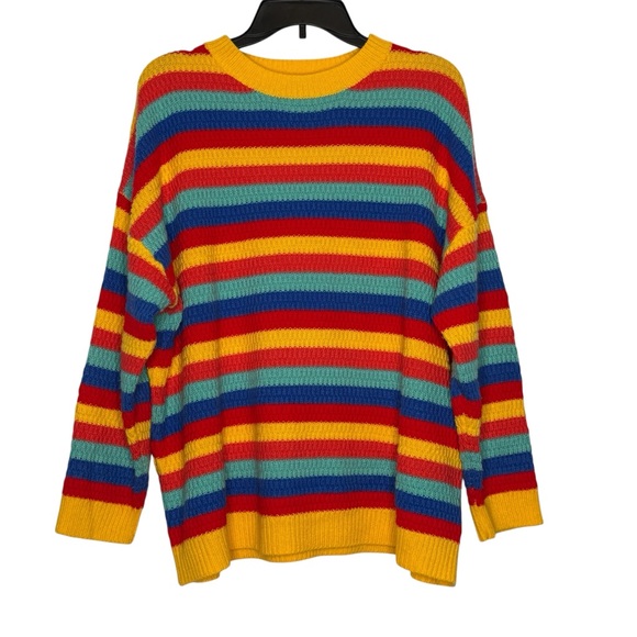 Fantaslook Sweater Chunky Knit Rainbow XL Striped Pullover Top Retro Y2K Bright - Picture 1 of 10